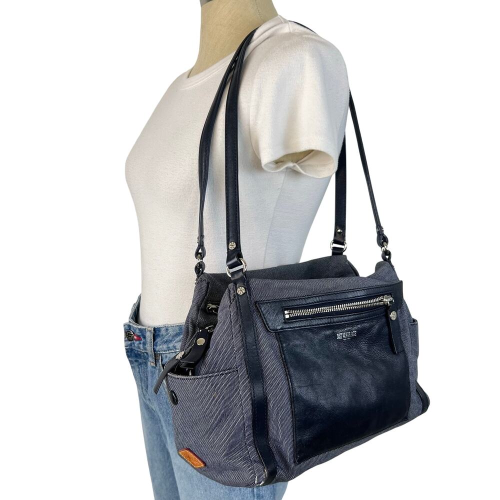 MZ Wallace Blue Denim Canvas Navy Leather Accent Shoulder Bag Purse